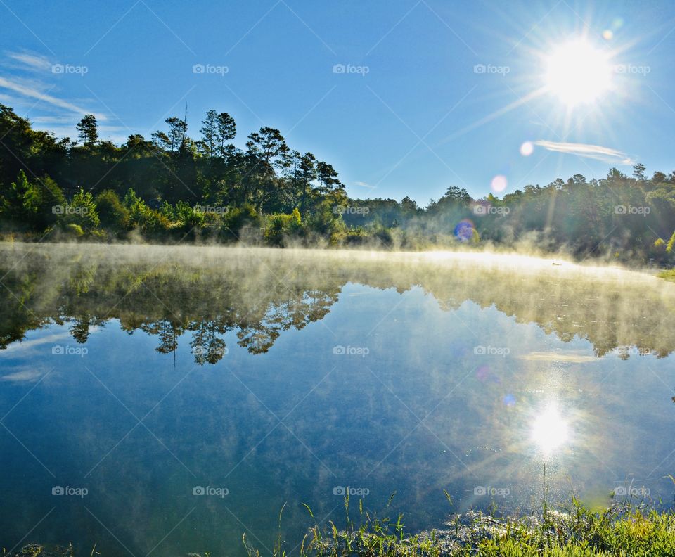 Sunrise and sunsets of USA - the brilliant sunrise penetrates through the fog and reflects on the surface of the pond 