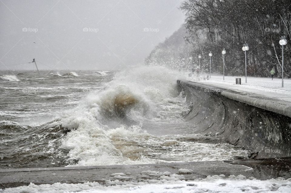 water splash during strong storm on the Baltic sea in Poland