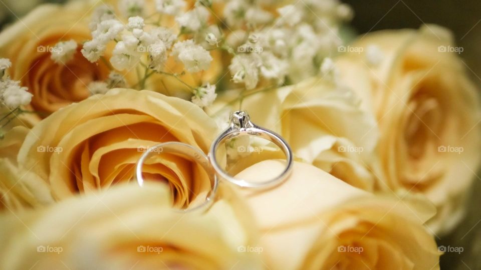 Pair of wedding rings between yellow roses.