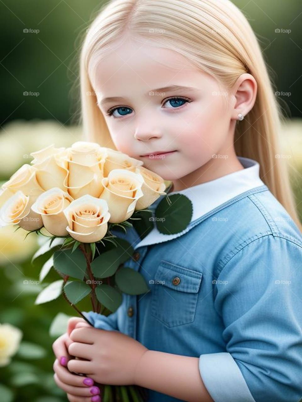 Cute baby girl with a bouquet of roses
