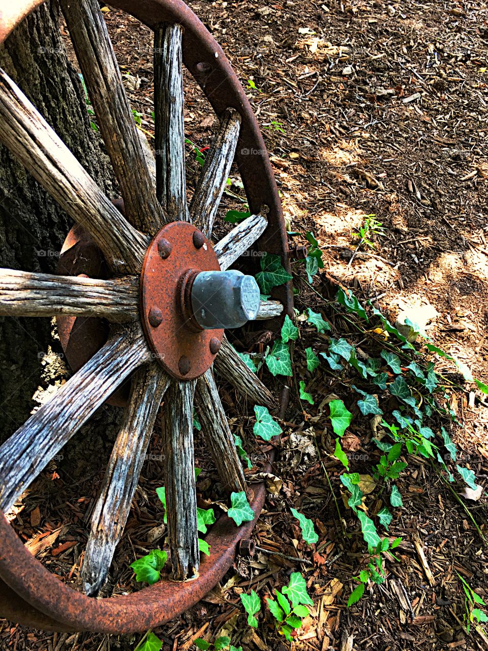 Antique wooden spoke wheel with rusted metal makes your imagination wander to days gone by