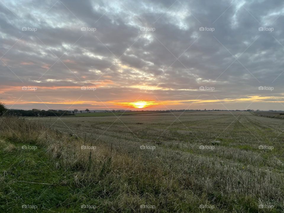 Sunset over a field in Norfolk, England