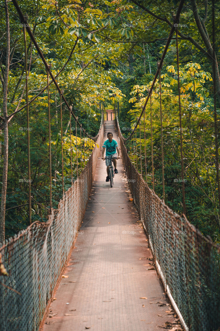 Boy crossing bridge with a bicycle in the middle of the forest