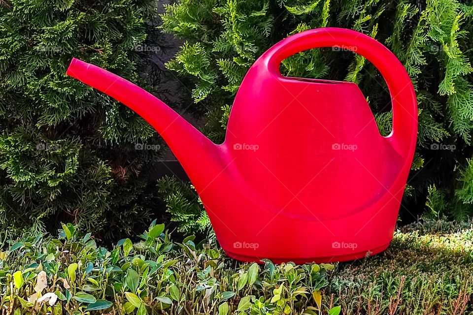 Red Bucket on Green Grass Background