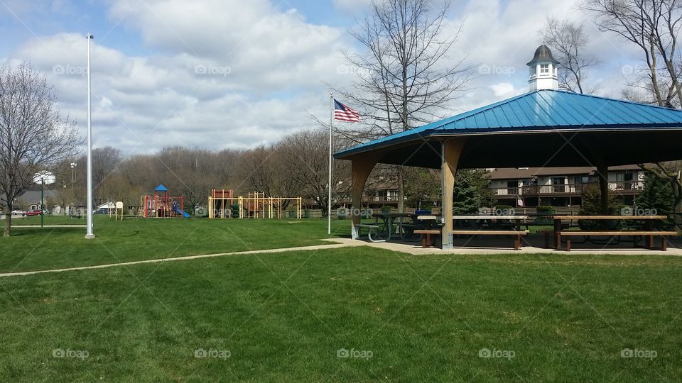 Park playground with picnic gazebo