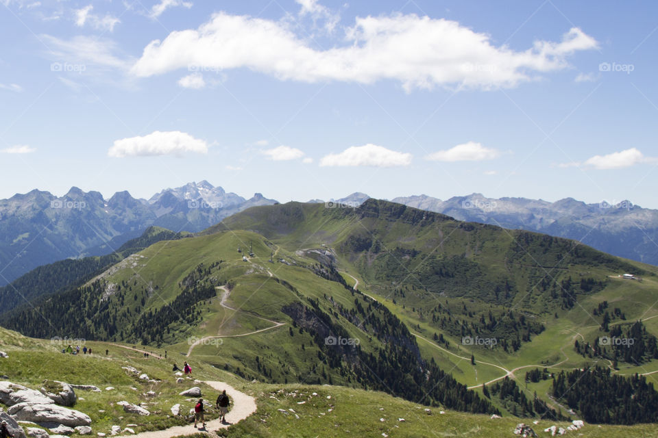 Hiking trail at high altitude in the mountains, panoramic view 
