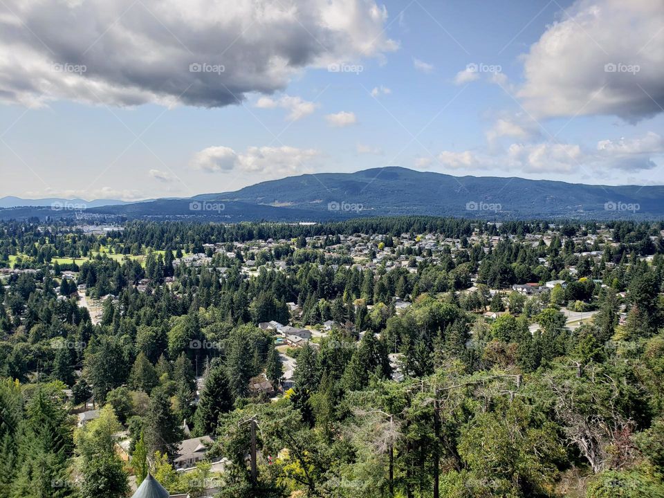 view from up high of the city of Nanaimo of houses and trees and a hill during a cloudy day