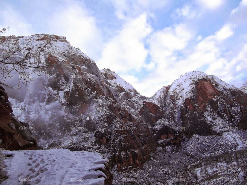 snow on the red rock