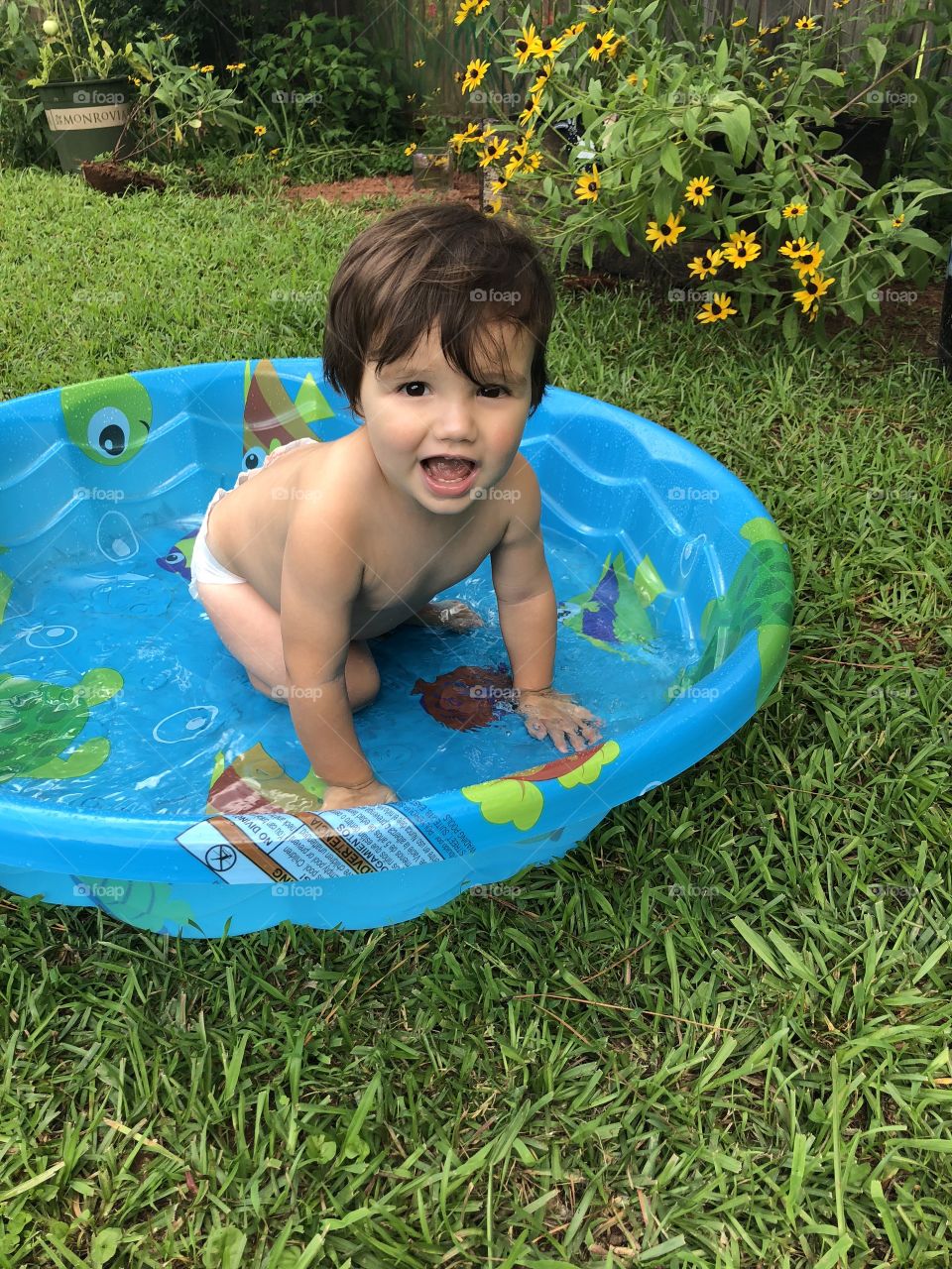 Toddler boy playing in a small blue pool in the yard. 