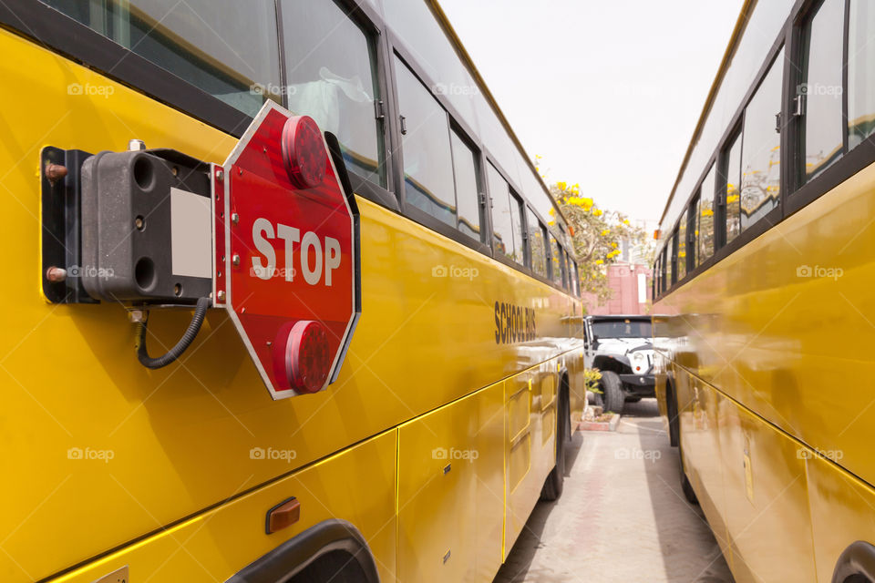 School buses ready to pick up the pupils from school