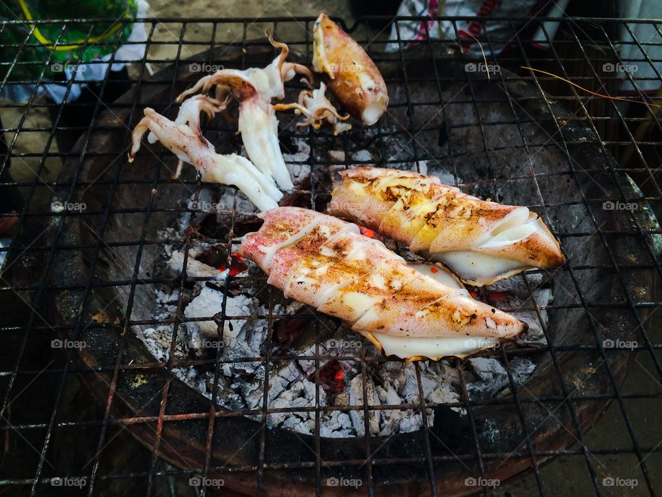 Octopuses grilled seafood at street food 
