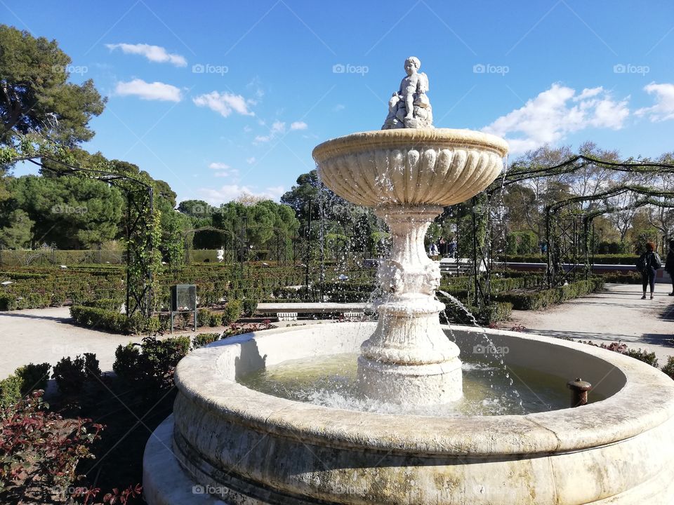 Old fountain with water close up. Parque de El Retiro - Retiro Park in Madrid, Spain. Trees and blue sky in background