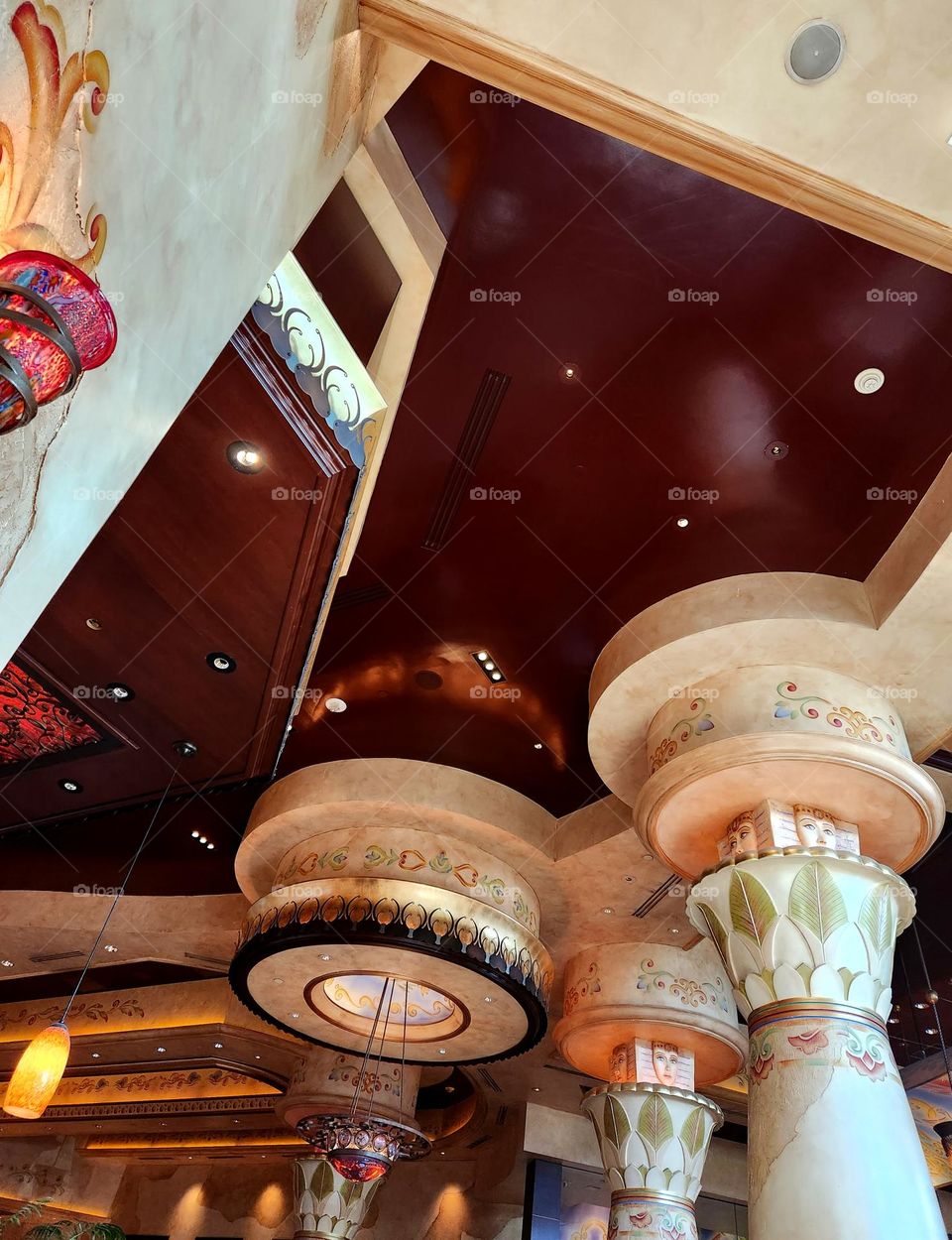 The interior design of a popular restaurant chain boasts interesting architectural angles and ornamentation