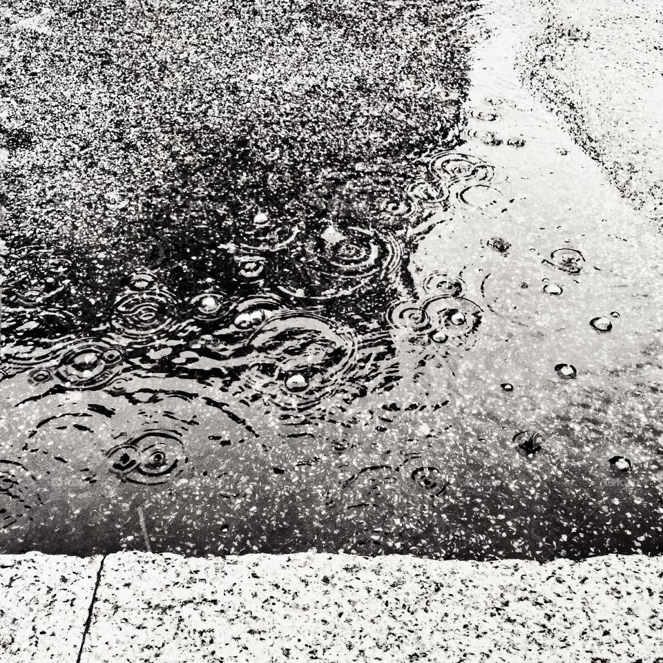 Raindrops splashing in puddles