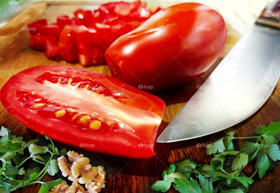 Tomato and herbs , food preparation ingredients