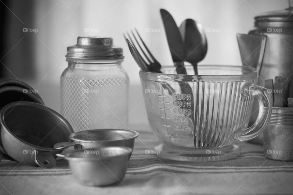 Vintage kitchen items still life in black and white
