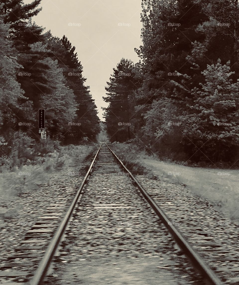 Black and white looking down some old train tracks