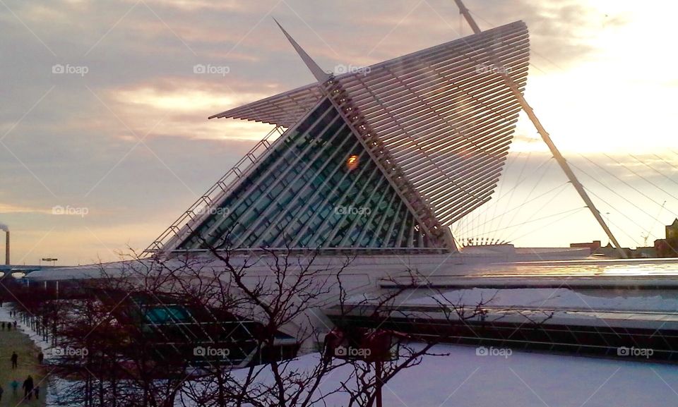 The Incredible architecture of Milwaukee's Art Museum at sunset.