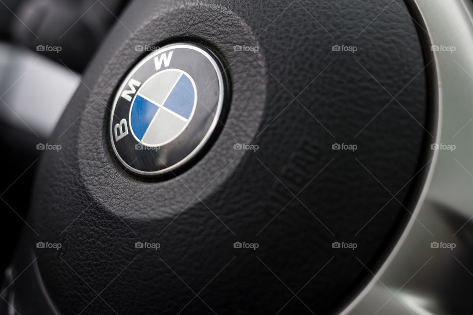 steeling wheel of BMW car . close up