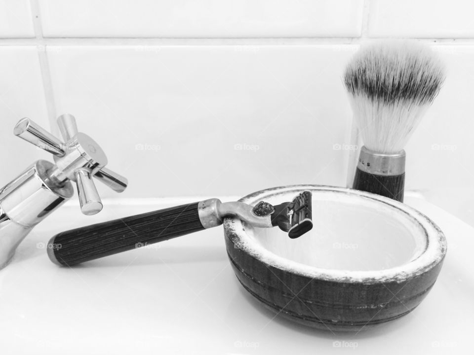 Shaving set in bathroom 