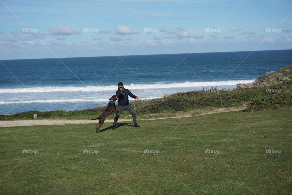 Nature#greengrass#playing#human#dog#ocean#sky