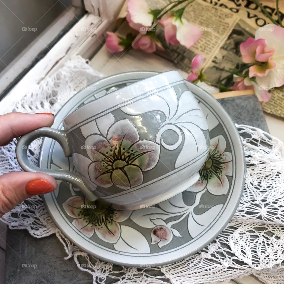 Rarity porcelain hand made cup and saucer in gray colors