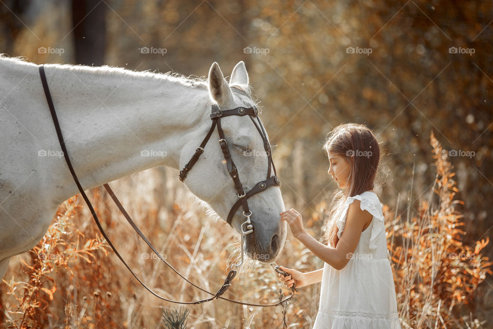 Little girl with grey horse in autumn park 