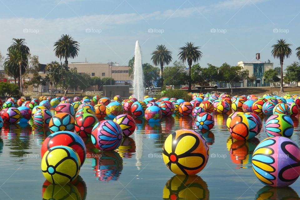 Colorful ball in the lake. Colorful ball in the pond,Los Angeles