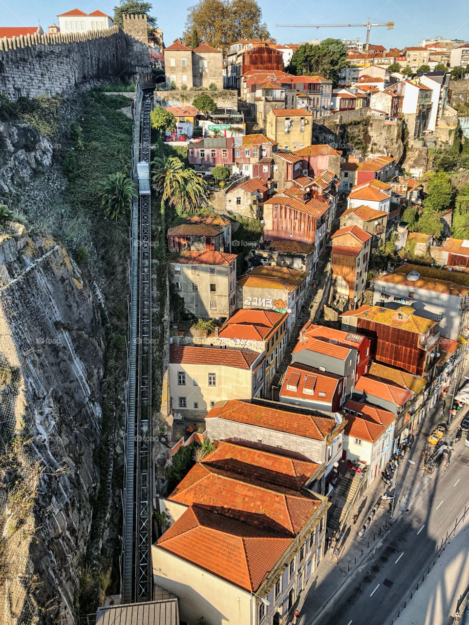 The view from up above the streets of Porto and funicular railway