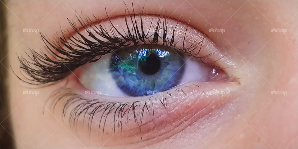 Close up shot of a young girls crystal clear blue eyes. Eyelashes. See.