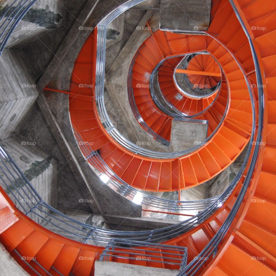 Crazy orange spiral staircase at a church in Manizales, Colombia