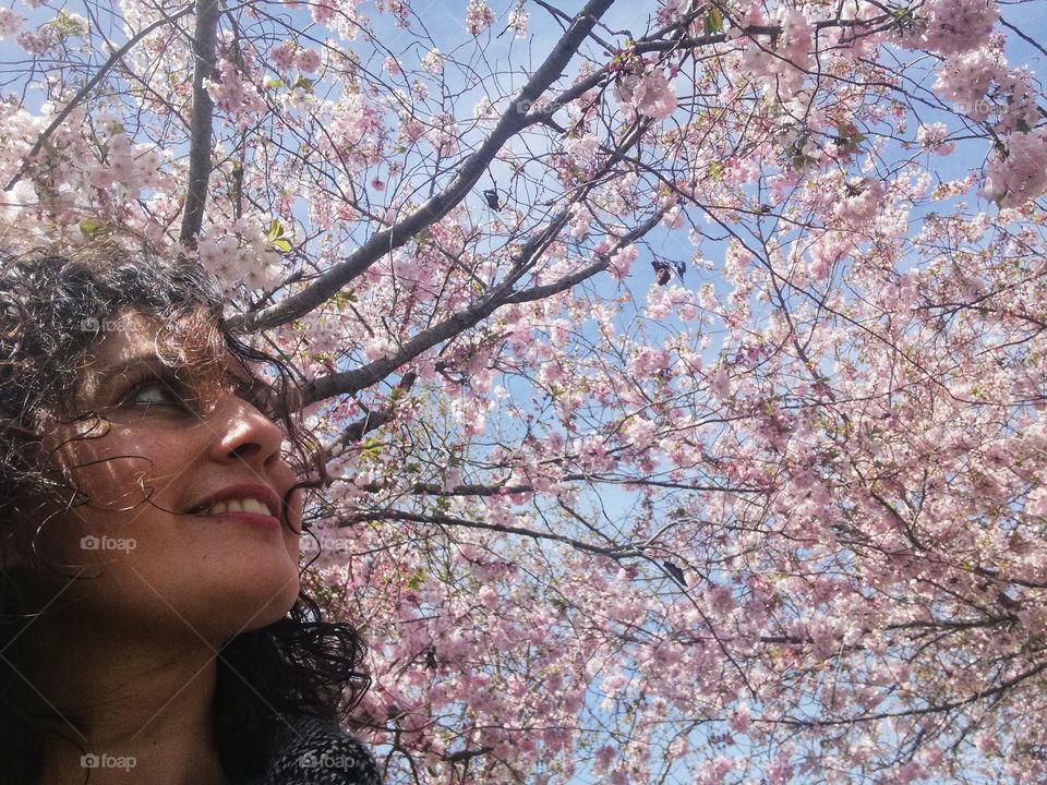 girl among cherry blossoms