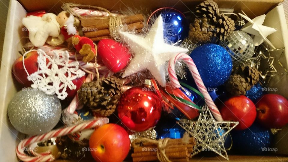 Box with christmas decorations