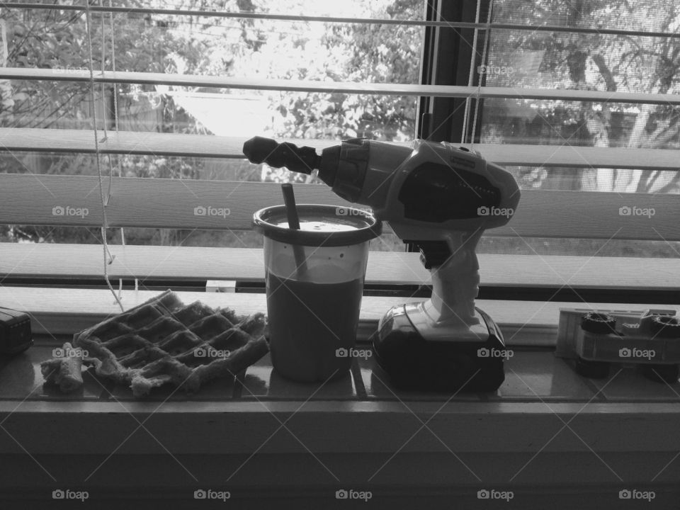 Still Life With Waffles. Milk, drill, toys, waffle, window