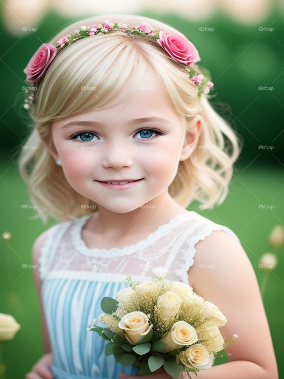 Beautiful blonde girl holding a bouquet of roses