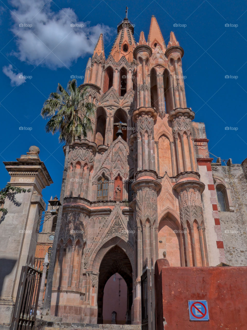 Low angle view of "Parroquia de San Miguel Arcangel" in San Miguel de Allende, Guanajuato, Mexico