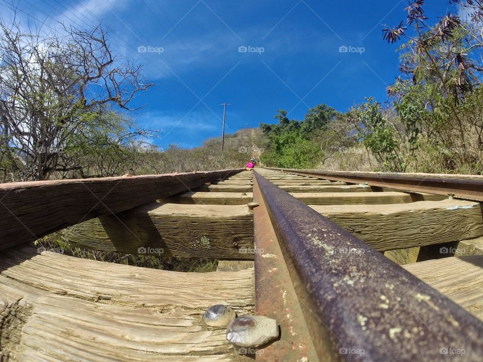 Koko trail Hawaii hiking. Halfway up the Koko head trail in Hawaii. On train tracks railroad. 