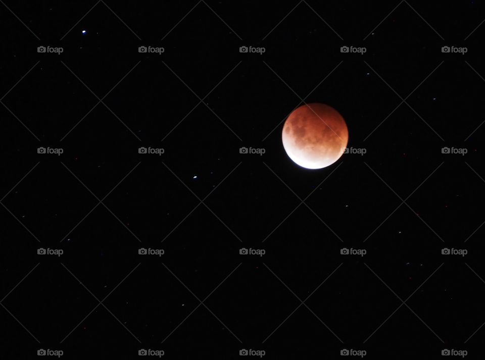 A blood red full moon glows ominously in the sky on a night with a rare lunar eclipse. 
