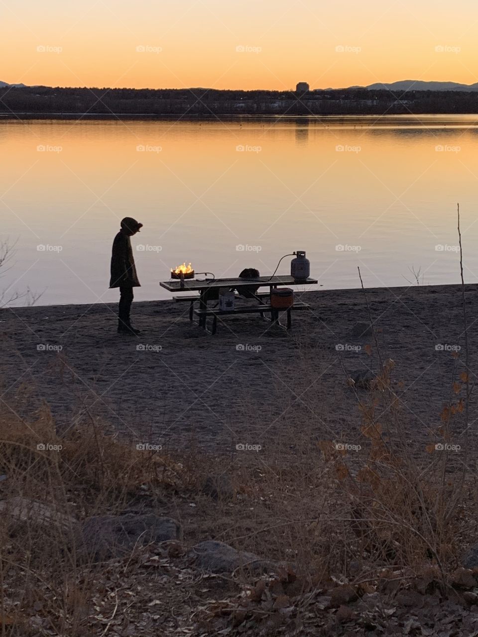 Lake side winter fire