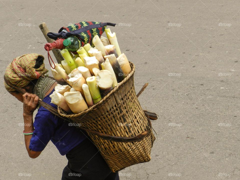old lady carrying local eatable vegetables on her back