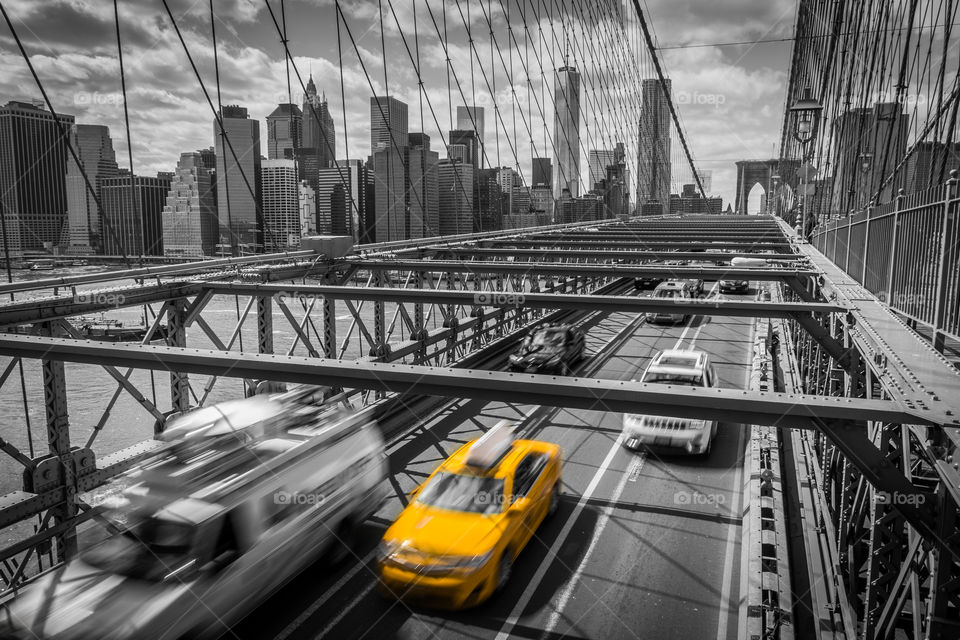 High angle view of moving in Brooklyn bridge, New York