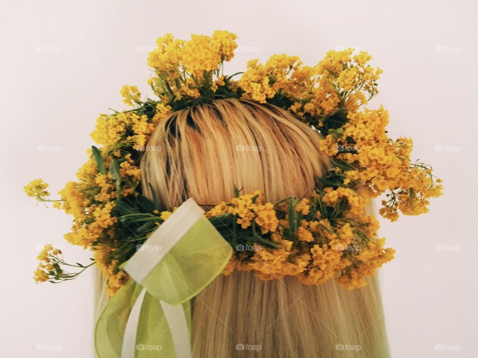 spring flowers crown on blond hair