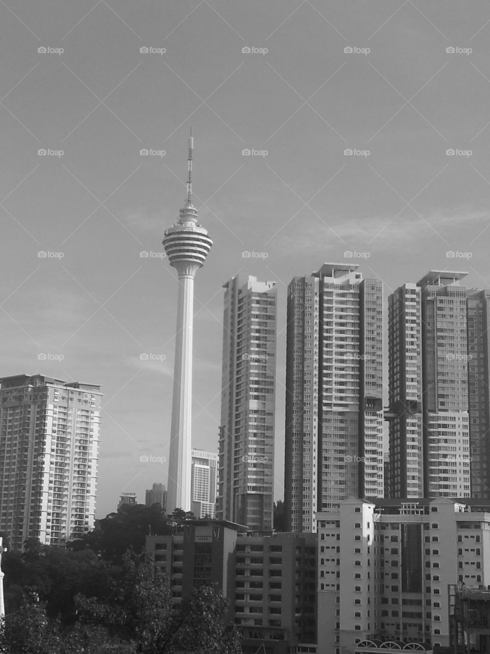 black and white. The KL Tower in black and white