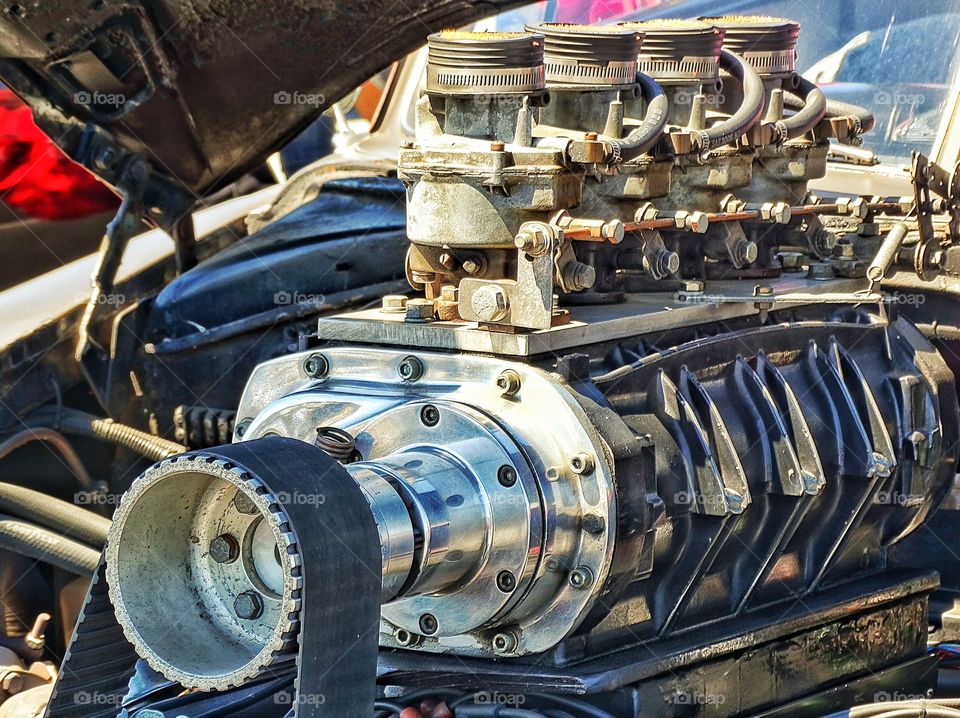 Powerful Hot Rod Engine. Detail Of Muscle Car Engine With Steel And Chrome
