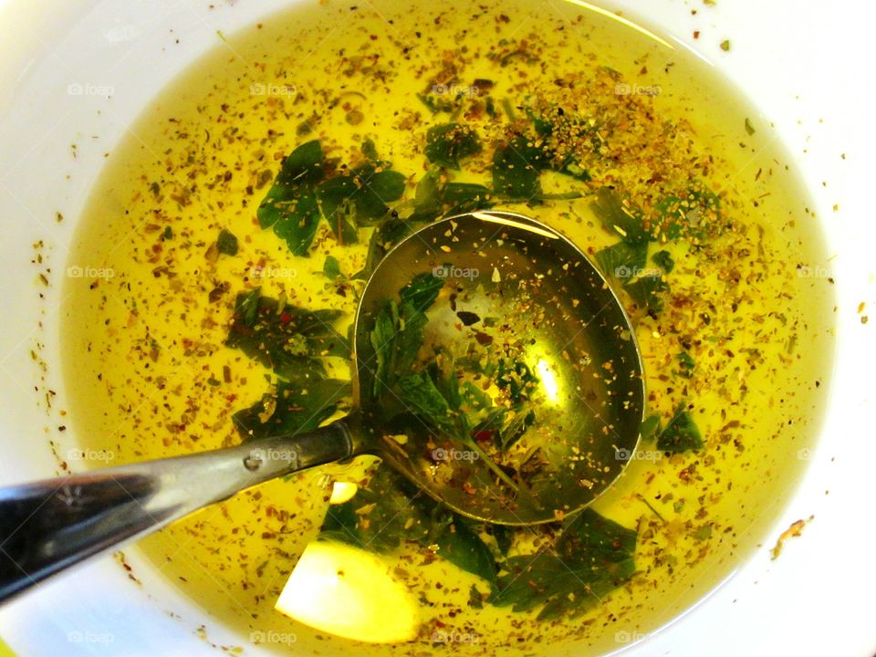 Elevated view of soup in bowl