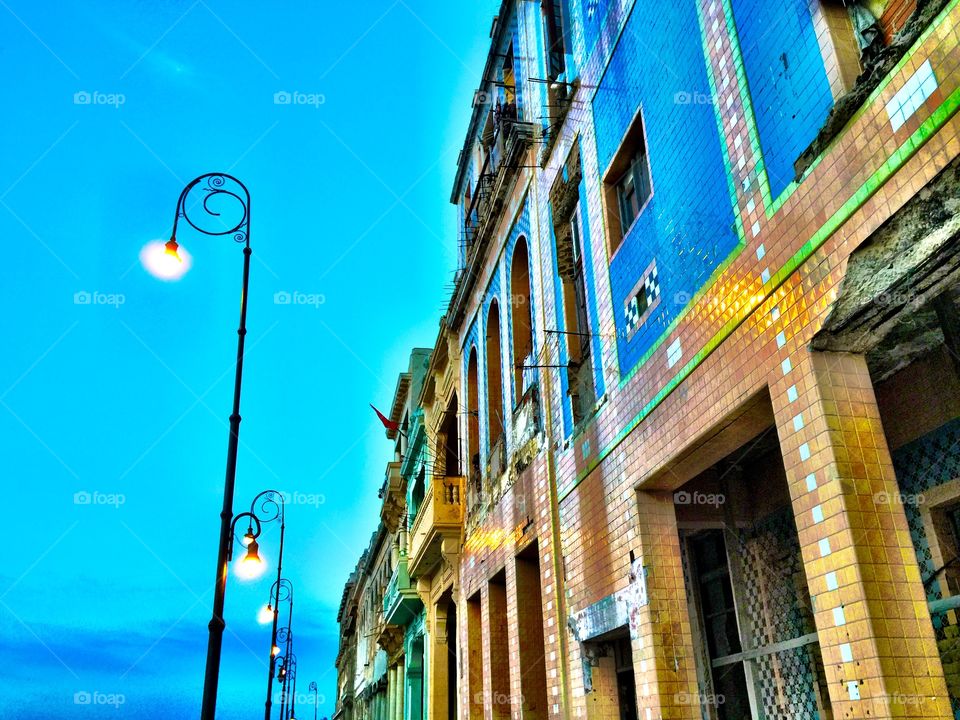 Golden Hour in Havana Cuba . Sunset reflects of buildings in Havana  Cuba 