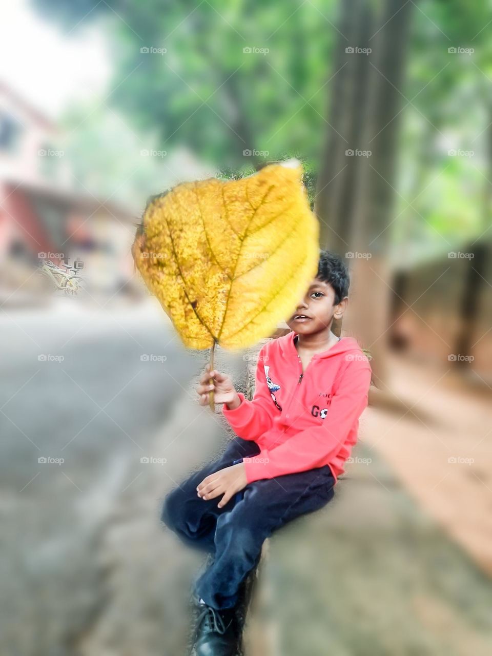 A boy holding an yellow leaf in hand