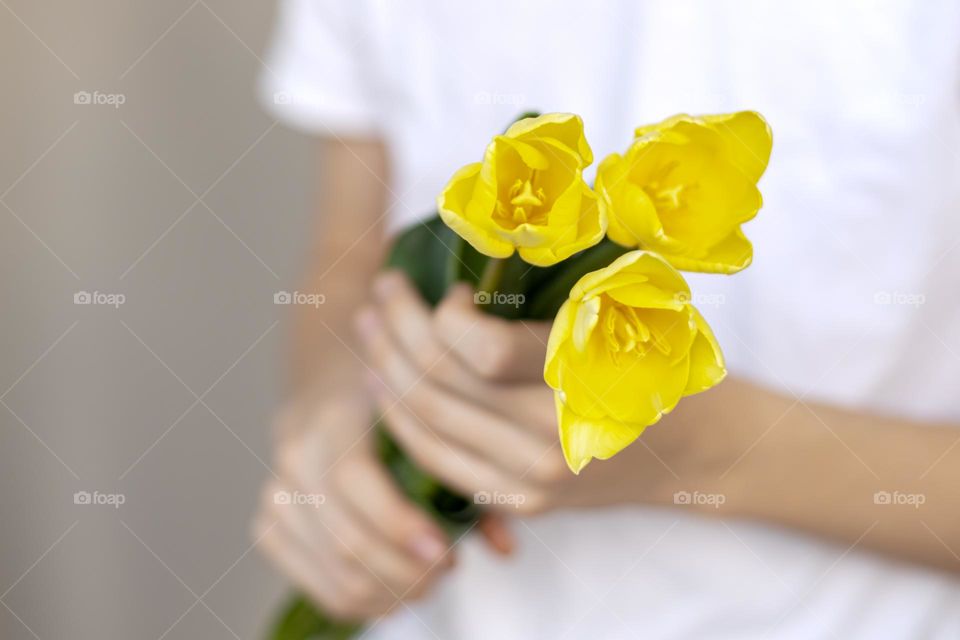person holding yellow tulips