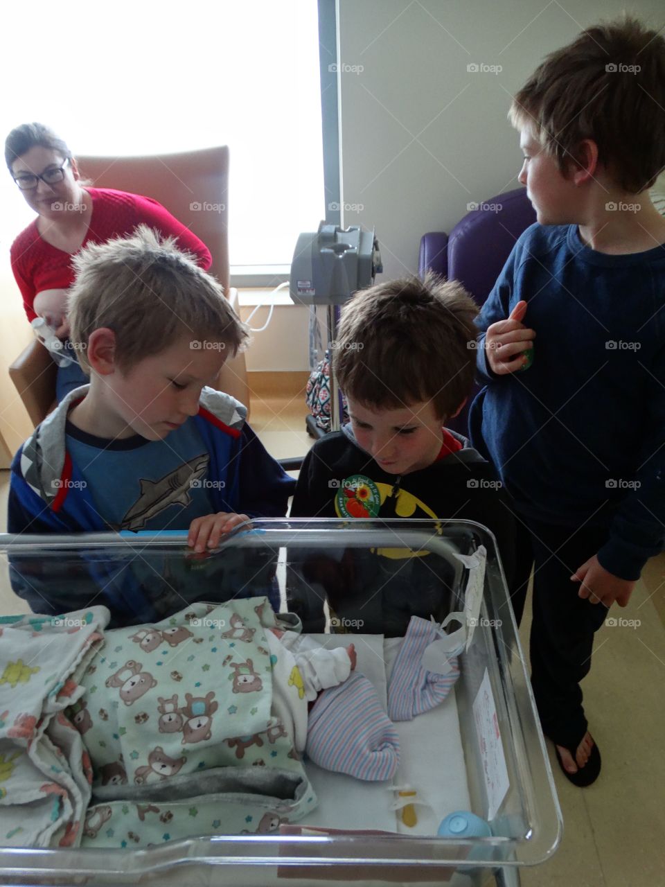 Brothers Seeing Their Newborn Baby Sister In The Hospital
