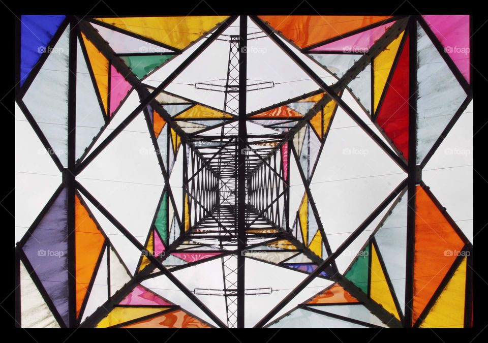 Colourful High voltage tower, view from below